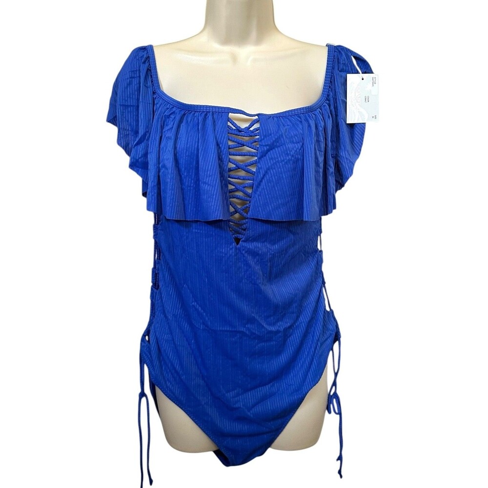 Coastal Waves Off the Shoulder One-Piece Ruffle Swimsuit Plus Size 3X Cobalt